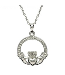 Silver Claddagh Pendant with Stone Set