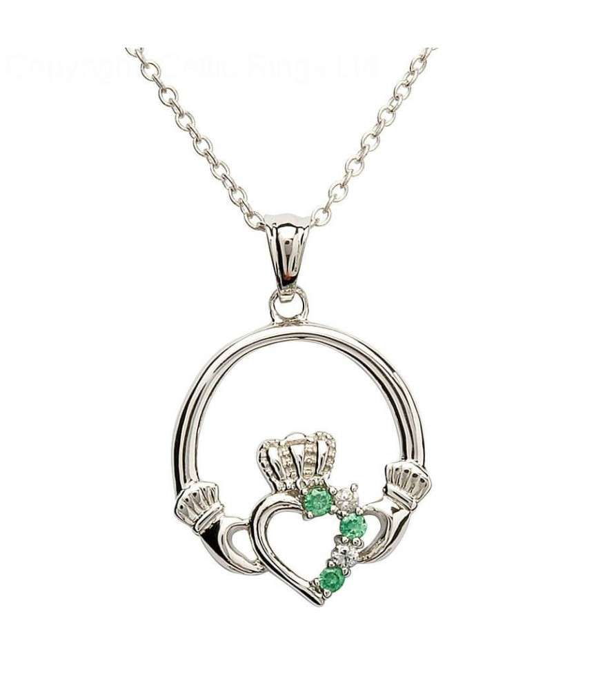 Silver Claddagh Pendant with Emerald