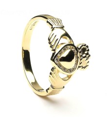 Accented Diamond Claddagh Ring - Yellow Gold