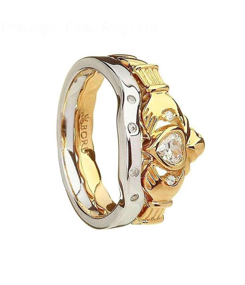 Heavy Claddagh Ring with Matching Band - Silver and 10K Gold