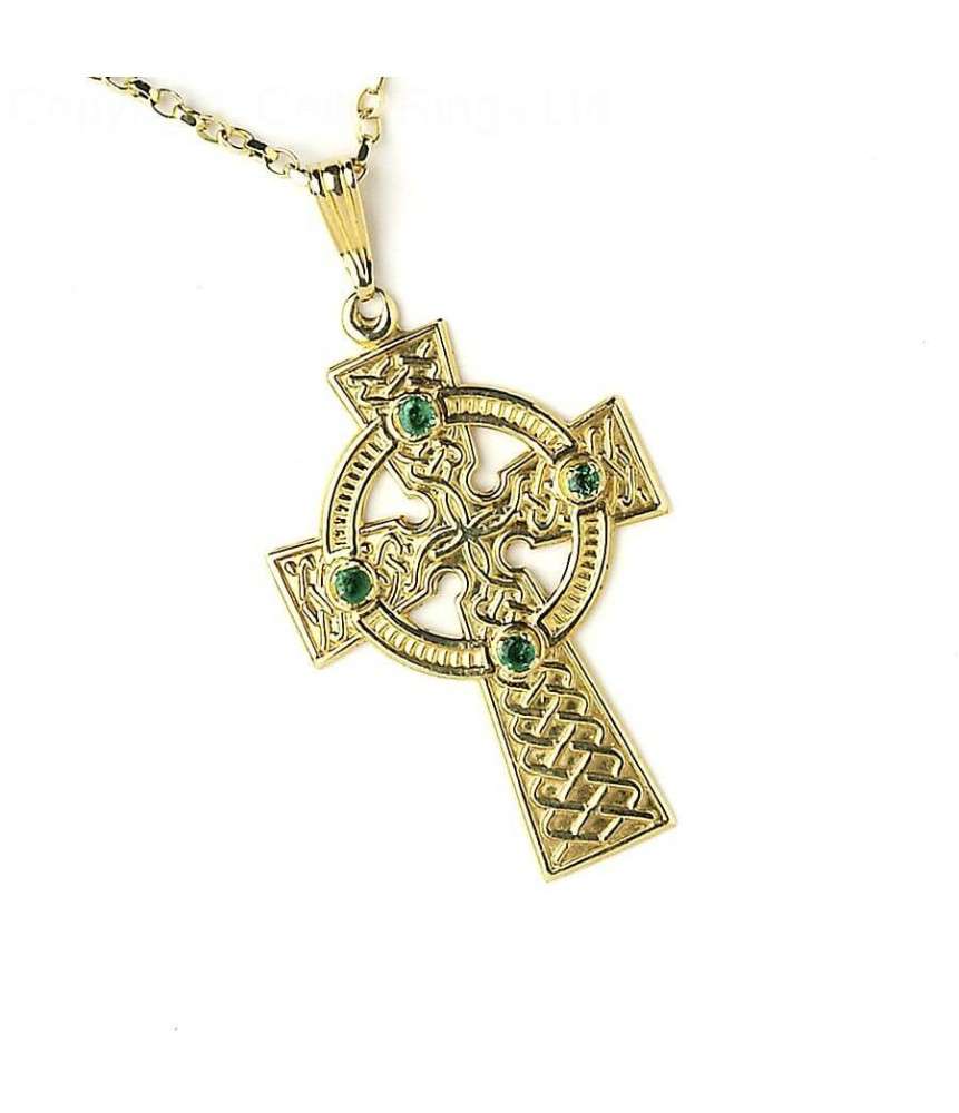 Großes keltisches Kreuz mit 4 Smaragden - gelbes Gold