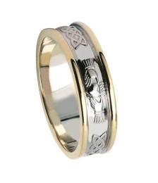 Women's Claddagh Wedding Ring with Trim - White Gold with Yellow Gold Trim