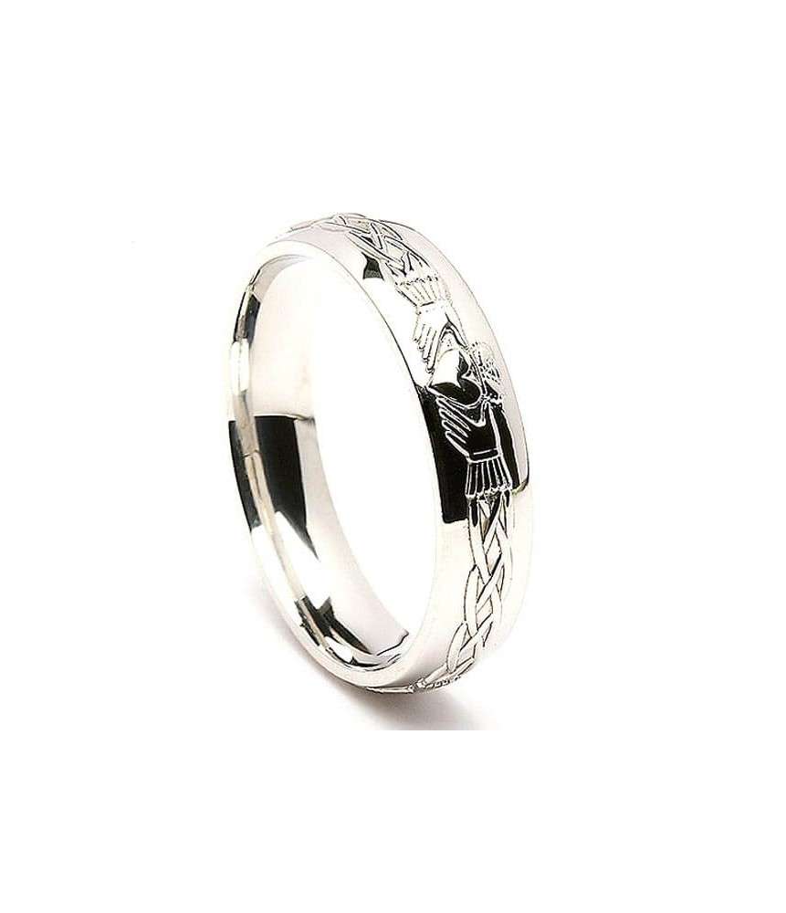 Mens Engraved White Gold Claddagh