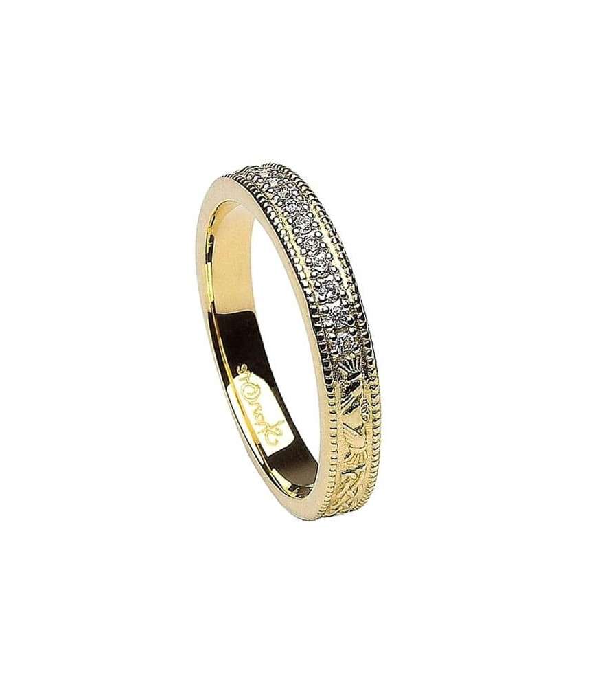 Narrow Diamond Claddagh Wedding Ring - Yellow Gold