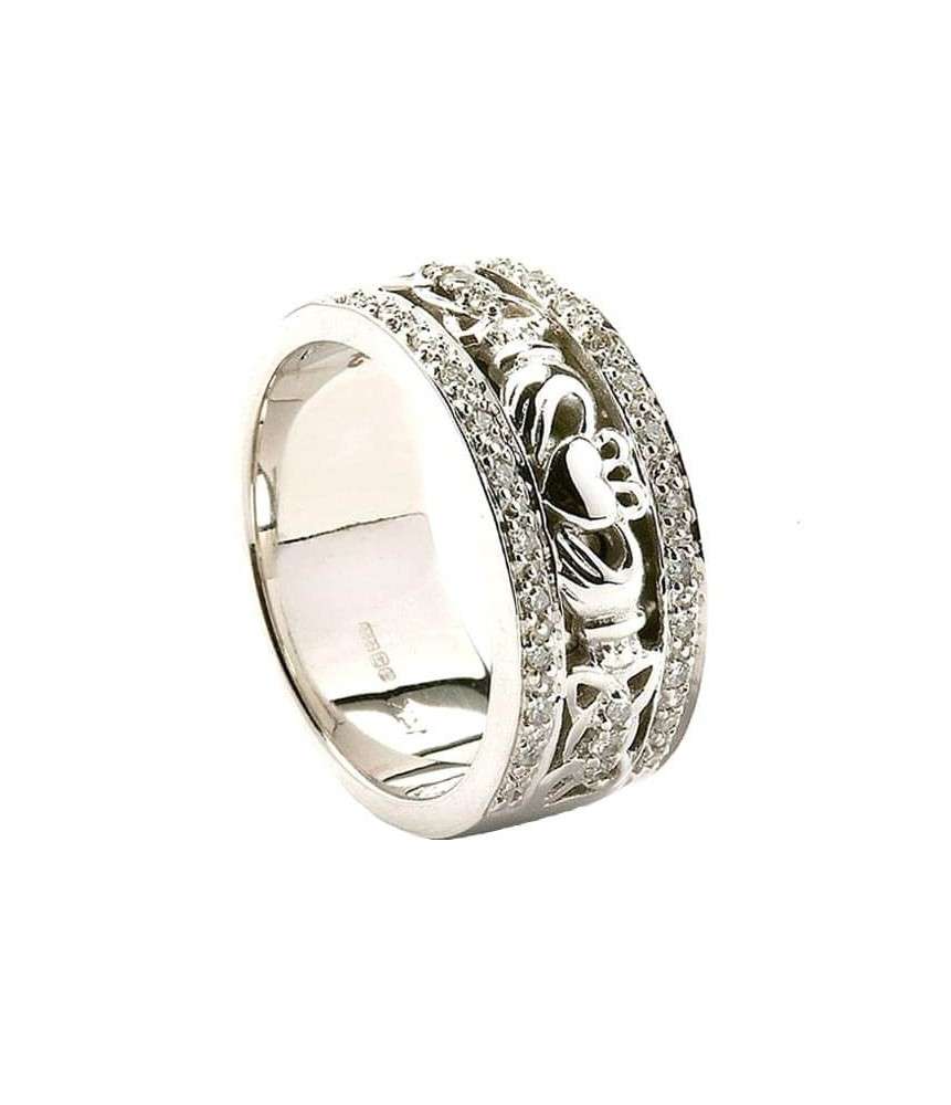 Women's Claddagh Wedding Ring with Diamond Trim - 14K White Gold