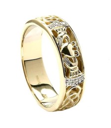 Men's Diamond Claddagh Wedding Ring - Yellow Gold