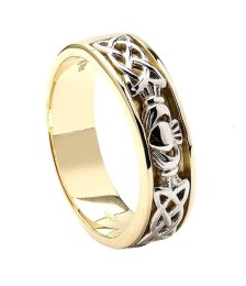 Men's Diamond Celtic Knot Claddagh Wedding Ring - Yellow and White Gold