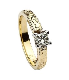 Embossed Claddagh Ring with Princess Cut - Yellow Gold