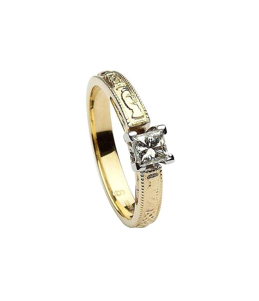 Embossed Claddagh Ring with Princess Cut - Yellow Gold