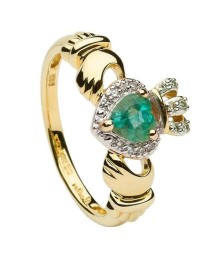 Emerald Heart Claddagh Ring with Diamonds - Yellow Gold