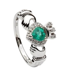 Emerald Heart Claddagh Ring with Diamonds - White Gold