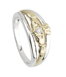 Silver & Gold Diamond Claddagh Ring