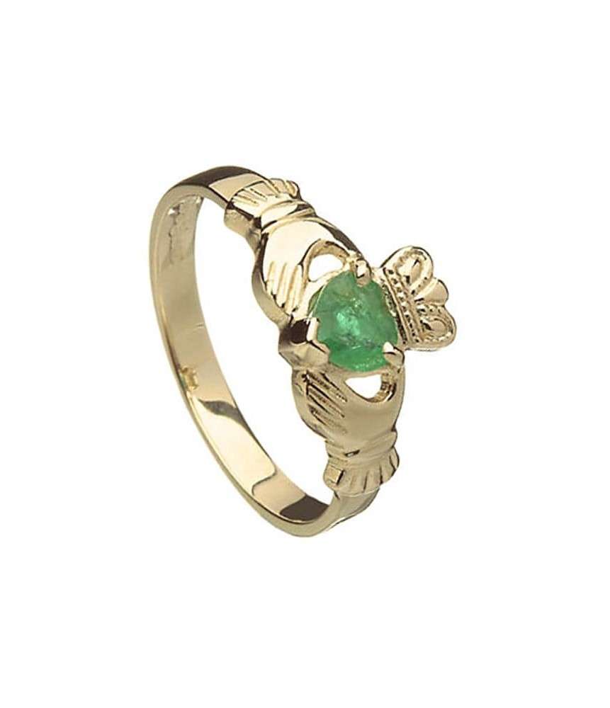 New Ladies Silver Gold Irish Claddagh Ring with Emerald 