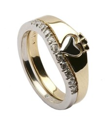Claddagh Two Tone Ring with CZ Trim - Yellow and White Gold