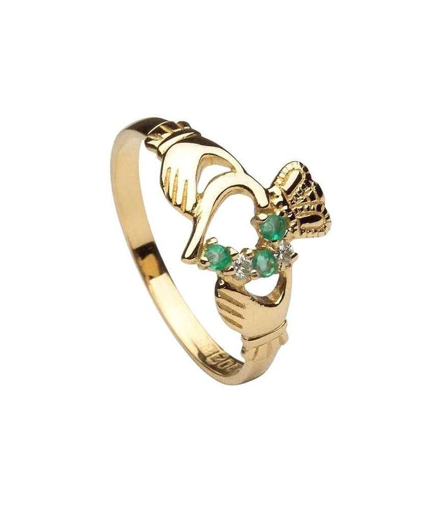Emerald and Diamond Claddagh Ring - Yellow Gold