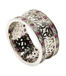 Trinité cluster anneau avec rubis garniture - Tout l'or blanc