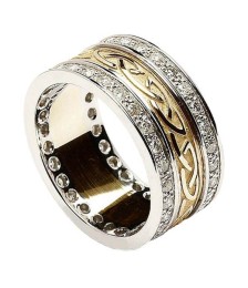 Embossed Celtic Knot Ring with Diamond Trim - Yellow and White Gold