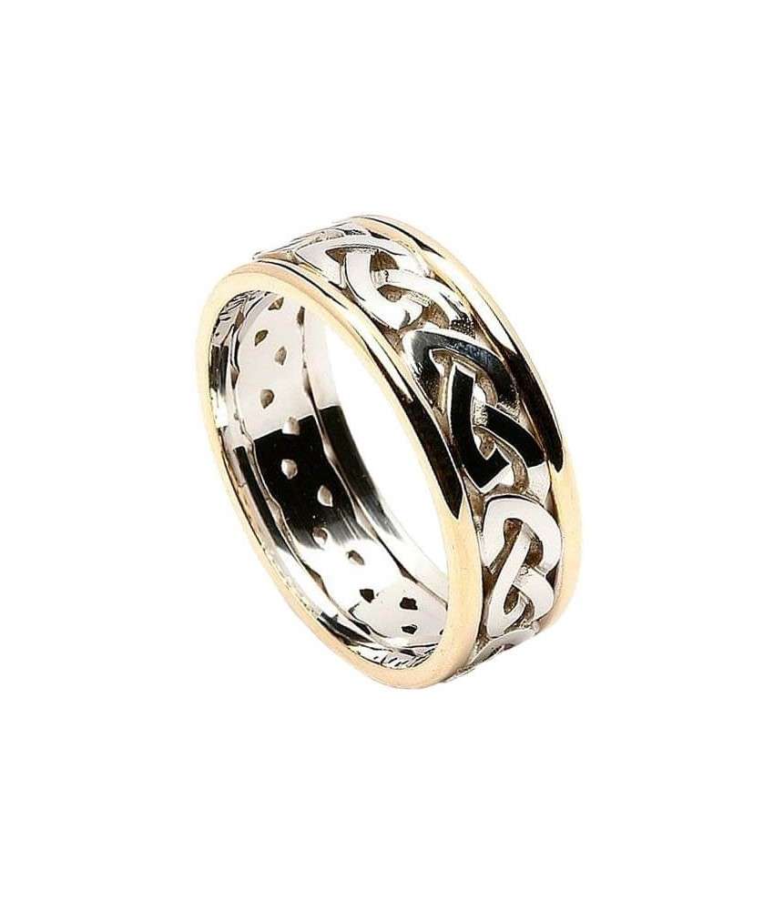 Men's Celtic Knot Ring with Trim - White with Yellow Gold Trim