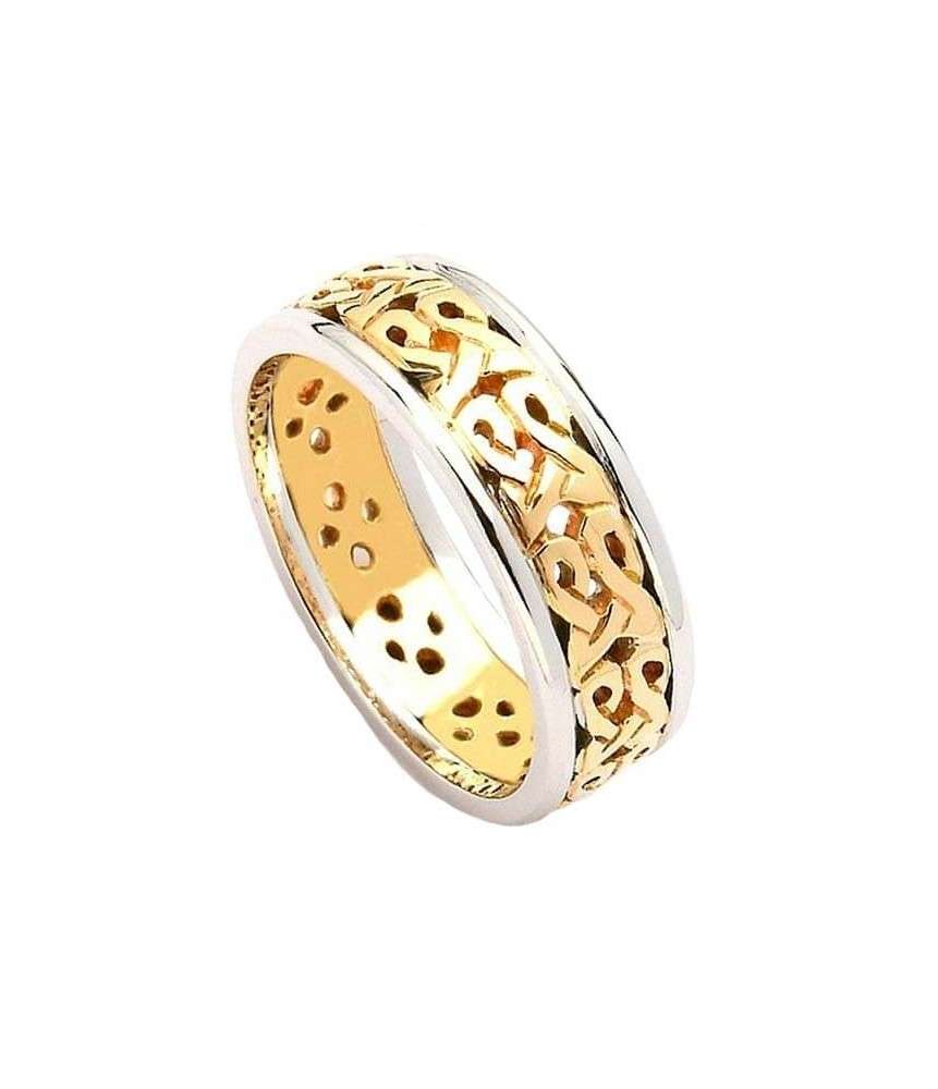 Narrow Celtic Wedding Ring with Trim - Yellow Gold with White Trim