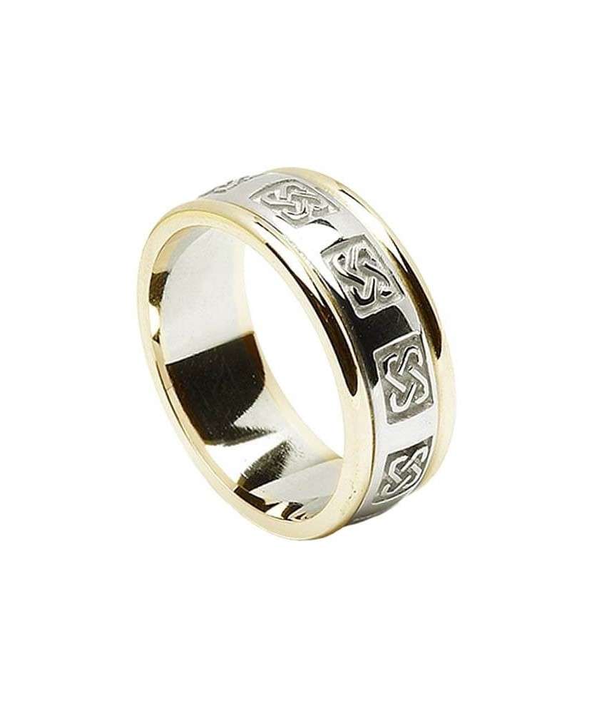 Men's Celtic Wedding Ring with Trim - White with Yellow Gold Trim