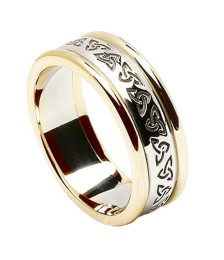 Womens Etched Trinity Wedding Band with Trim - White with Yellow Trim