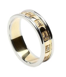 Womens Carved Trinity Wedding Ring with Trim - Yellow with White Trim