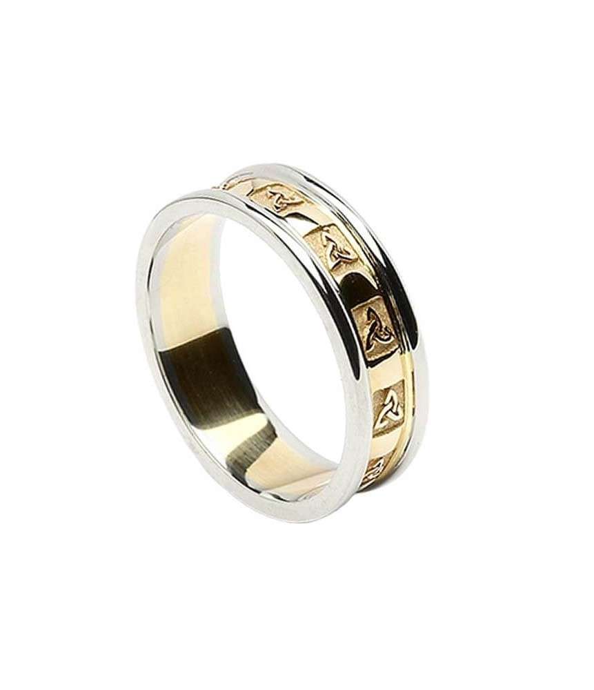 Womens Carved Trinity Wedding Ring with Trim - Yellow with White Trim