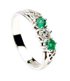 Emerald Three Stone Engagement Ring - White Gold