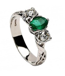 Emerald Celtic Engagement Ring - All White Gold