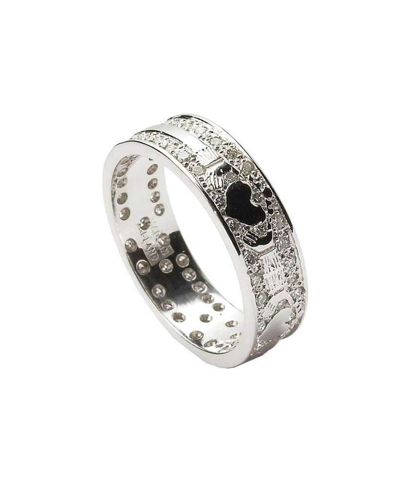 Diamond Encrusted Claddagh Wedding Ring - 18K White Gold