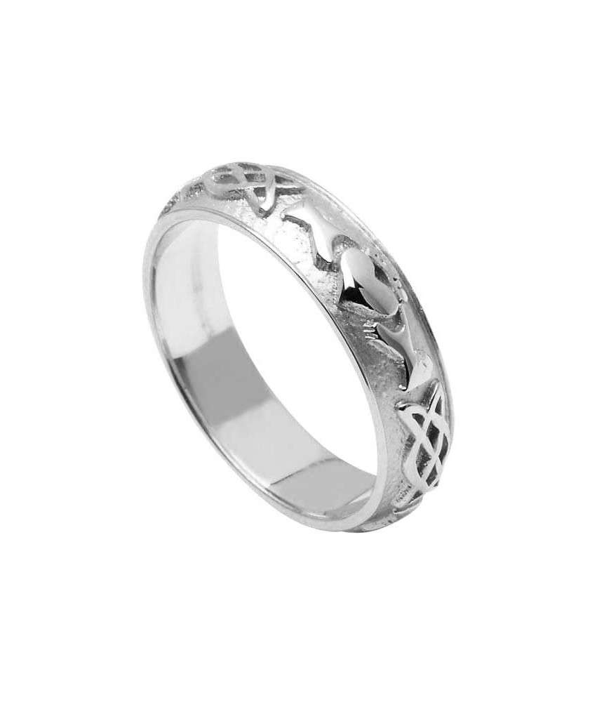 Women's Embossed Claddagh Wedding Ring - White Gold