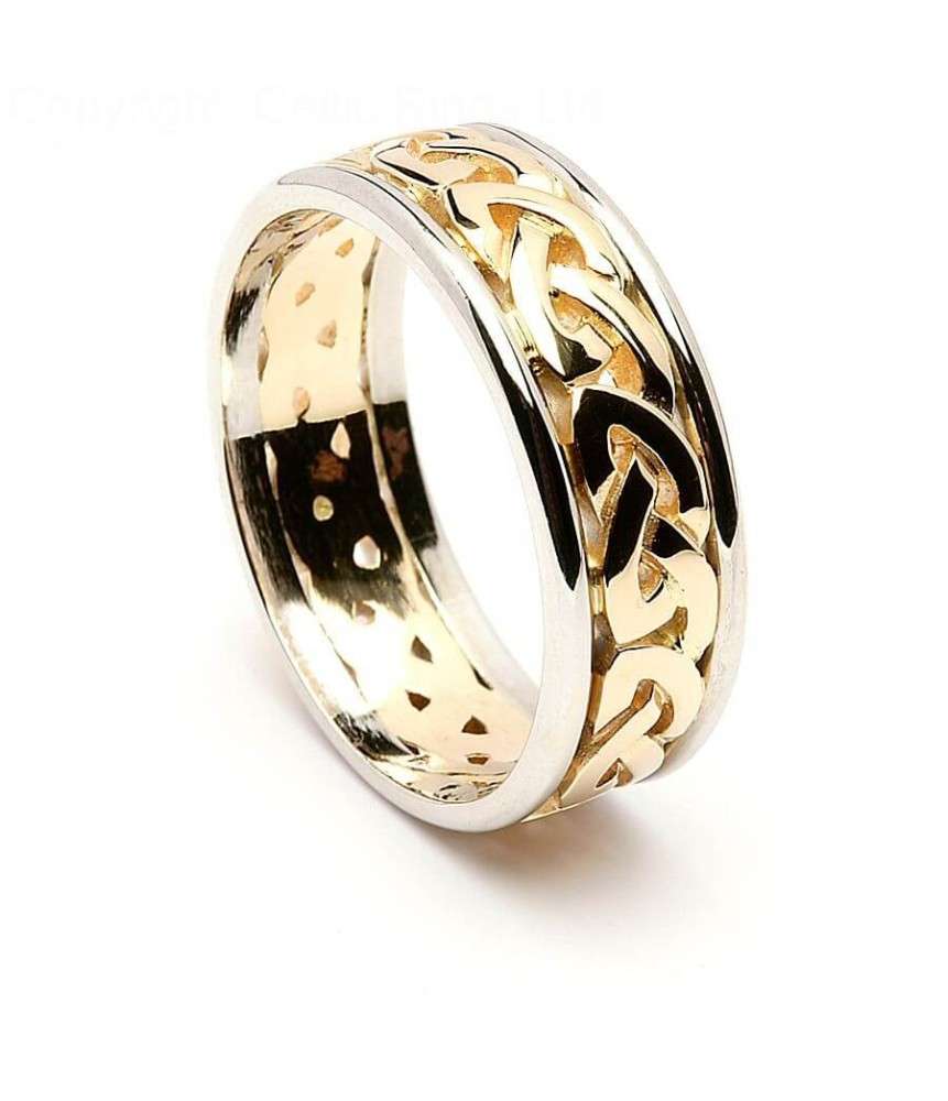 Thick Celtic  Knot Wedding  Band 14K Gold  with White Gold  Trim